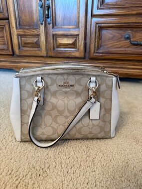 Coach Khaki Signature Canvas Satchel with White Trim